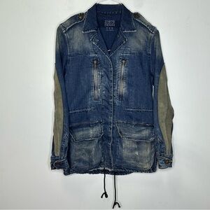 Zara Women’s Blue Distressed Denim Leather Elbow Patches Drawstring Jacket S